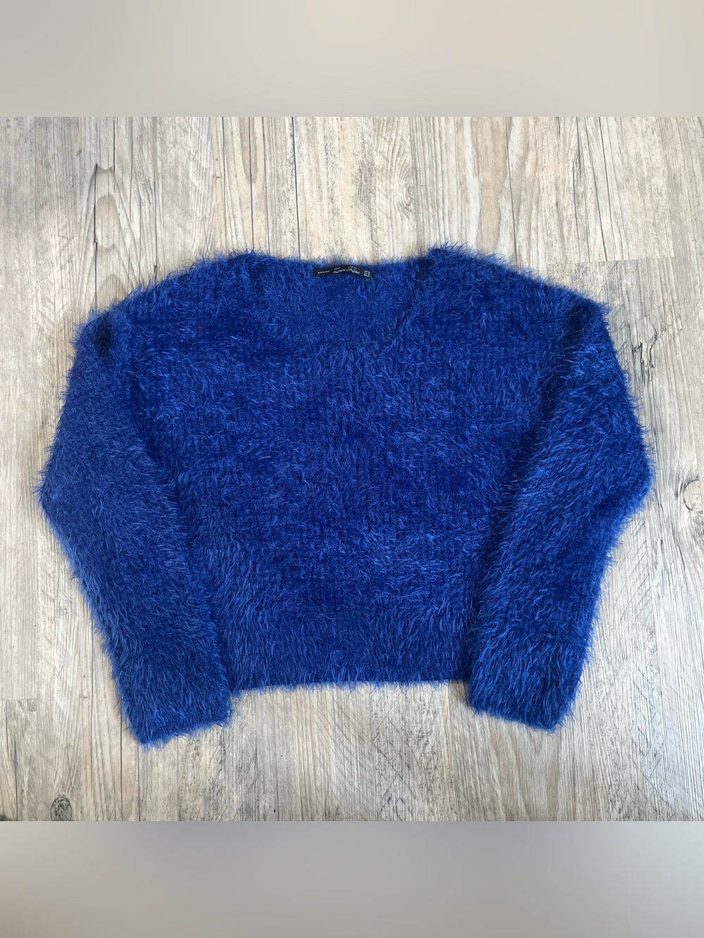 Zara Knit Royal Blue Fuzzy Eyelash Knit Cropped Sweater Medium Y2K Coquette Boho